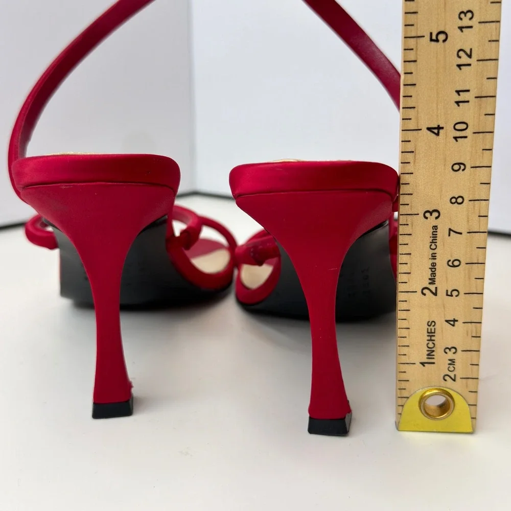 White House Black Market Red Satin Spiral Wrap Ankle Strap Heels Sandals 6.5M - Picture 3 of 7